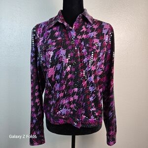 Elementz Pink Purple Black Sequin Button Down Blouse Small Long Sleeve Party Top